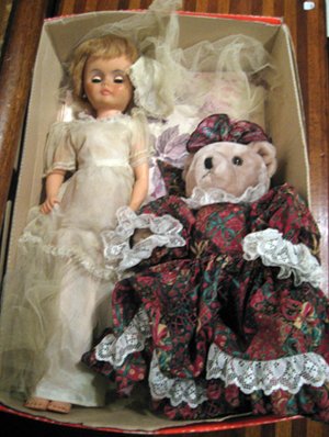 Vinly bride doll with sleep eyes and stuffed Tedd: Vinyl bride doll with sleep eyes and stuffed Teddy bear.