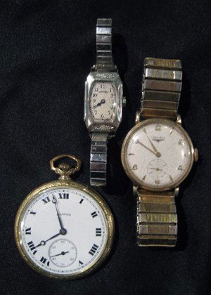 3 Watches - Illinois & Longines - Wrist & Pocket: Three watches: ladies Illinois wrist watch, men's Longines wrist watch and Illinois open face pocket watch.