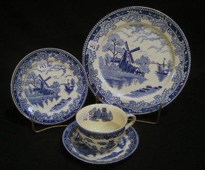 42pc Blue & White Japanese "Windmill" Porcelain Dinner : Blue and white Japanese porcelain dinner service, "Windmill" pattern: 8 dinner plates, 8 bread plates, 7 soup bowls, 8 sauce dishes, 4 cups and 7 saucers.