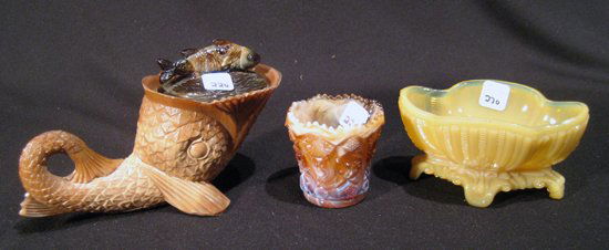 Three caramel slag glass items: Three caramel slag glass items: lidded fish cornucopia dish, toothpick holder and open sugar bowl. - Antique