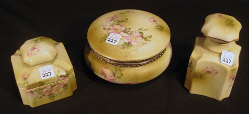 Nippon transfer printed dresser items: Nippon transfer printed dresser items: hinged lidded dresser jar, lidded dresser box and perfume bottle. - Antique