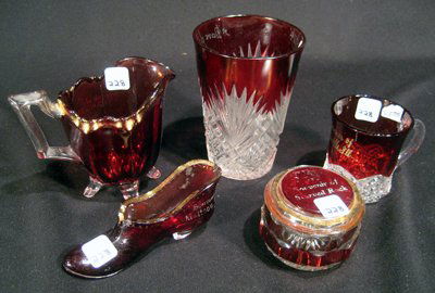 Ruby Red Glass Souvenirs - Starved Rock, Mattoon II : Collection of miscellaneous ruby red glass souvenir items: tumbler, small mug, shoe, creamer and lidded dresser box - Starved Rock, Mattoon II, Bryantburg IA - Antique