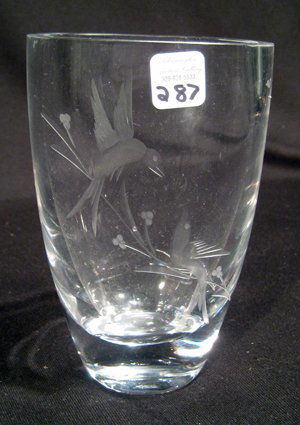 Unmarked Orrefors Crystal Vase Decorated w/Birds: Unmarked Orrefors crystal vase decorated with birds, 6" high.