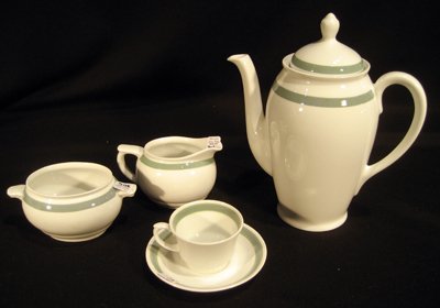 20 pc Vintage Arabia Green Ribbon Porcelain Tea Set: Finland Arabia porcelain tea set decorated with green bands: teapot, 8 cups, 8 saucers, open sugar and creamer - Vintage