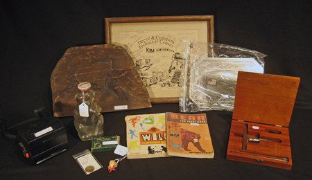 Vintage Men's Items & More - John Deere, Cub Scout, etc: Collection of miscellaneous interesting items including Cub Scout books, pin, token, compass, Lufkin depth gauge, camera, glass bear, coin bank, carved goat panel, carnival glass tumbler, and John Dee