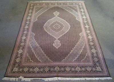 Fine 50 Raj Signature Persian Tabriz Fish Design Rug: Fine Silk & Wool 50 Raj Signature Persian Tabriz Mahi or Fish Design ORIGIN: Iran MATERIAL(S): Silk & Wool COLORS: navy blue, ivory, red, and 50+ additional colors DETAILS: hand-knotted, approx. 360kp