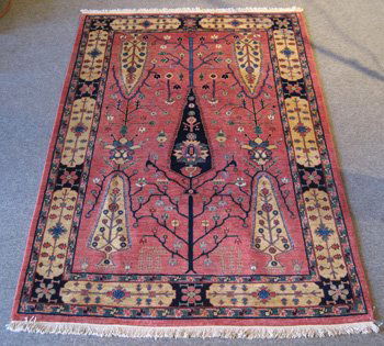 Fine Persian Signature Bakhtiari Rug Design by Miri: Fine Persian Signature Bakhtiari Rug Design by Miri ORIGIN: Iran MATERIAL(S): wool COLORS: all vegetable dyes, rose, safron, navy blue, and others DETAILS: one-of-a-kind, hand-knotted, signed with sig