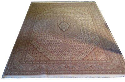 Persian Tabriz Mahi or Fish Design Rug: Persian Tabriz Mahi or Fish Design Rug ORIGIN: China MATERIALS: Silk & Wool COLORS: ivory, sage green, red, light brown DETAILS: hand-knotted/hand-woven, approx. 220kpsi SIZE/DIMENSIONS: 8'6" x 11'6"