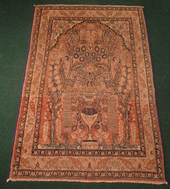 Persian Sarouk Farahan Rug: Persian Sarouk ORIGIN: Iran DETAILS: hand made MATERIAL: wool COLORS: brown, taupe, blue SIZE: 2'10" x 4'4"