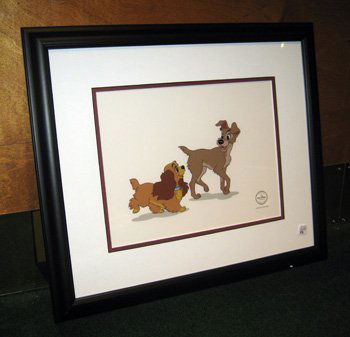 Framed L.E. Walt Disney sericell, "Lady and the Tramp": Framed limited edition Walt Disney sericell, "Lady and the Tramp", sequence 6, scene 84 in black frame with double matting, 18-1/2" x 21-1/2" overall.