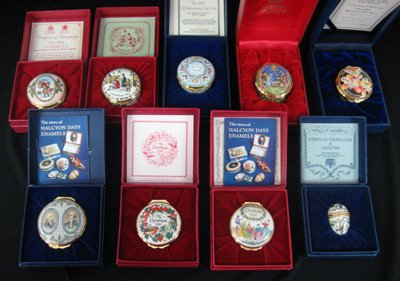 Nine Halcyon Days porcelain enameled trinket boxes: Nine Halcyon Days porcelain enameled trinket boxes - all in original boxes.