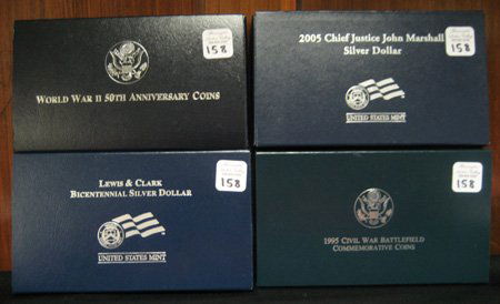 4 U.S. Mint Coin Sets: Four U.S. Mint sets: 2004 Lewis & Clark silver dollar, 2005 Chief Justice John Marshall silver dollar, 1995 Civil War Battlefield Commemorative set and 1991 to 1995 Worl War II 50th Anniversary coins
