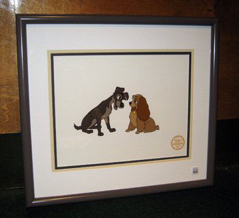 Framed L.E. Walt Disney serigraph, "Lady and the Tramp": Framed limited edition Walt Disney serigraph, "Lady and the Tramp", in black frame with double matting, 17-1/2" x 19" overall.