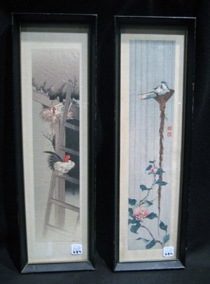 Two small framed Japanese woodblock prints: Two small framed Japanese woodblock prints: rooster by hen house and two birds on ledge with flowers and leaves, both 17" x 5-1/4" overall, signed in plate.