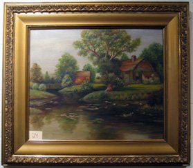 Framed oil on canvas, landscape, signed Cook: Framed oil on canvas, landscape with house and stream, signed lower right Cook, 29" x 33" overall - minor damage to frame.