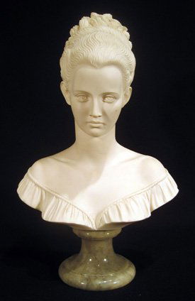 Hand carved white marble bust of Victorian woman: Hand carved white marble bust, Victorian woman, on grey stone base, signed A. Giannelli, 13-1/2" high.