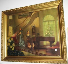 Framed Victorian print in gilded wooden gesso frame: Framed Victorian print, interior scene with woman playing piano and woman playing violin, in gilded wooden gesso frame, 30" x 35-1/2" overall.