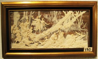 Framed Pate sur Pate plaque decorated with landscape: Framed Pate sur Pate plaque decorated with landscape with many figures and animals in gilded frame, 16" x 27-1/2" overall.