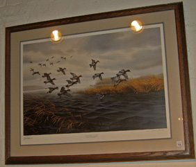 Framed limited edition John Bernhardt duck print: Framed limited edition John Bernhardt print, "Tired of Fightin' the Wind Potters Marsh Redheads", ducks flying over body of water, signed in pencil and plate John Bernhardt #1831/2000, 24-3/4" x 32" o