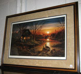 Framed limited edition Terry Redlin print: Framed limited edition Terry Redlin print, "Shoreline Neighbors", landscape with cabin with ducks on water in foreground, signed in pencil and plate Terry Redlin #11937/29500, 24" x 33" overall.