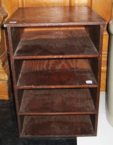 Oak four-section letter box: Oak four-section letter box, 15-3/4" high, 11-1/4" wide.