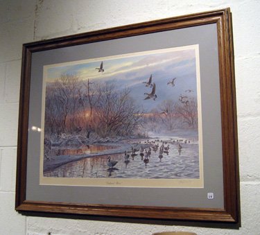Framed limited edition Herb Booth print:Driftwood Blind: Framed limited edition Herb Booth print, "Driftwood Blind", ducks in and flying above body of water, signed in pencil and plate Herb Booth #2900/4300, 30" x 36" overall.