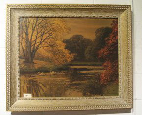 Framed print, landscape with trees and stream: Framed print, landscape with trees and stream with swan, signed in plate Muller Kurzwelly, 30" x 36" overall.