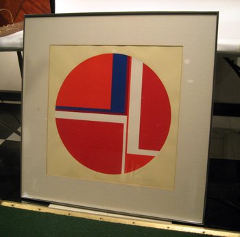 Ilya Bolotowsky framed limited edition lithograph: Framed limited edition lithograph decorated with multi-colored sphere, signed lower right Ilya Bolotowsky, #100/125, 36-1/4" square overall - image size 26-1/4" square.