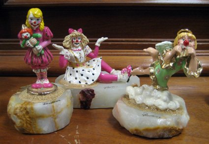 Three limited edition Ron Lee clown figurines: Three Ron Lee limited edition clown figurine, "Adorable Lara", #CCG12, "Angel with Flute", #L605 and "A Doll Story", #CCS155 - all approximately 4-1/4" high.