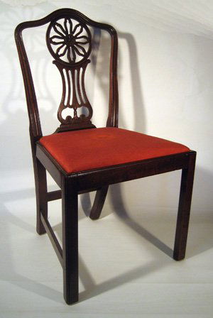 Mahogany framed side chair with caned back splat: Mahogany framed side chair with caned back splat and red upholstered seat - stain on seat cushion.