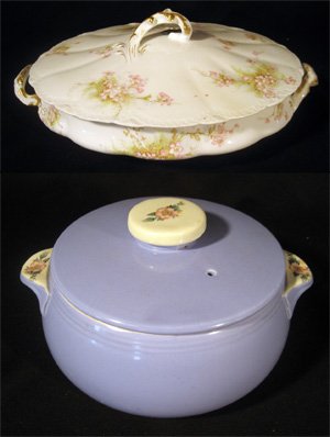 Two lidded tureens: Haviland and Hall: Two lidded tureens: Theodore Haviland oval decorated with flowers and leaves and Hall blue glazed decorated with flowers.