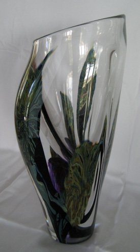 David Lotton Art Glass Vase: David Lotton Art Glass vase. Purple and green. 13"high x 6"wide at widest point, signed on base David Lotton 2003. Glass on top of vase is 1/8" thick, 3 1/4" base diameter.