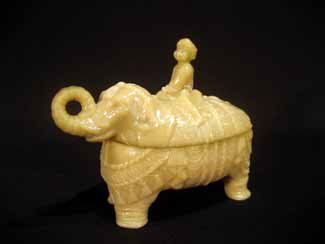 RARE Vallerysthal Glass Elephant & Rider Covered Dish: RARE Vallerysthal opaque glass elephant with rider lidded box/covered dish made in France in the late 1800's - early 1900's. AGE: Antique CONDITION: factory hairline crack SIZE: 6" high, 7" wide