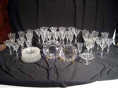 73 Pc Antique Cambridge "Rosepoint" Crystal Set: Cambridge "Rosepoint" Crystal Set: 10 water goblets, 13 wine goblets, 8 champagne, 6 liquer, pair candlesticks, sandwich tray, cake plate, 2 round platters, 2 pair salts, 2 divided dishes, rose bowl, 