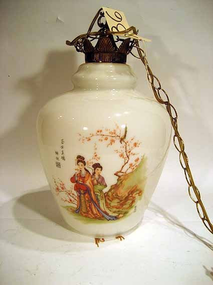 Hand painted Chinese hanging light fixture with geishas: Hand painted white glass Chinese hanging light fixture with Geishas standing by tree, 18" high, 12" diameter.