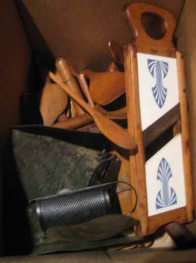 Collection of primitive wooden kitchen tools: Collection of primitive wooden kitchen tools: spoons, graters, mashers, scoops, etc.