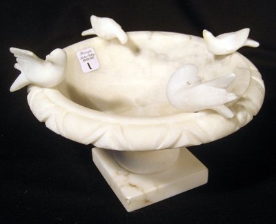 White Marble Miniature Bird Bath w/ Carved Marble Birds: White marble miniature bird bath with carved marble birds on edge, 4-1/4" high, 7-1/2" diameter.