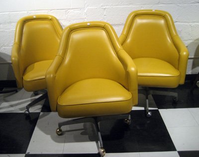 3 Lounge Chairs by Bertolini Seating of California : Three lounge chairs by Bertolini Seating of California - gold vinyl with a swivel aluminum base and diamond tufted back, 29"w x 26"d x 36.5" h.
