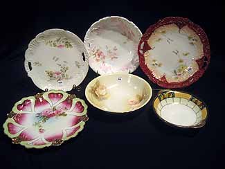 Misc Porcelain - 2 cake plates, round charger, 3 bowls: Collection of miscellaneous porcelain: two cake plates, round charger, three round bowls, including Nippon and R.S. Germany.