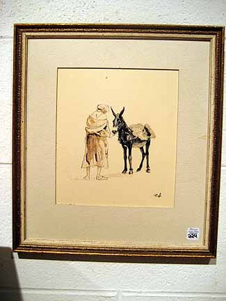 Two small framed signed prints: Rieff and Mills: Two small framed prints: man and donkey, signed Rieff, 13.5" x 12" overall and "Ochre Carnival", signed Agnes Mills, 7.5" diameter.