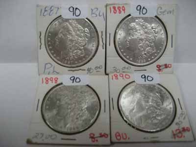 4 U.S. Morgan Silver Dollars 1887, 1889, 1890, 1898: Four U.S. Morgan dollars: 1887-BU, 1889-BU, 1890-BU and 1898.
