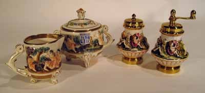 Capodimonte sugar, creamer, salt and pepper: Capodimonte porcelain lidded sugar, creamer, salt and pepper - all 4.5" high.