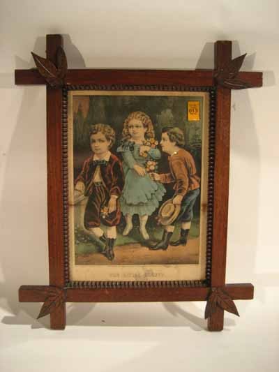 Framed Currier and Ives print: Framed Currier and Ives print, "The Little Beauty", in tramp art walnut frame - some staining. 19.75" high x 16.25" wide.