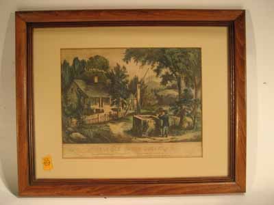 Framed Currier and Ives print: Framed Currier and Ives print, "The Old Oaken Bucket", in tramp art walnut frame - some staining. 16.5" high x 20.5" wide.