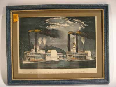 Framed Currier and Ives print: Framed Currier and Ives print, "Midnight Race on the Mississippi", in tramp art walnut frame, 13.5" x 12.25" overall.