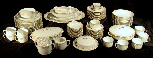 88 Pcs MZ Austria dinnerware: MZ Austria: 12 dinner plates, 11 salad plates, 12 soup bowls, 10 cups, 12 saucers, 12 sauce dishes, 9 butter pats, round lidded tureen, oval lidded tureen, master butter, gravy boat, lidded sugar, cre