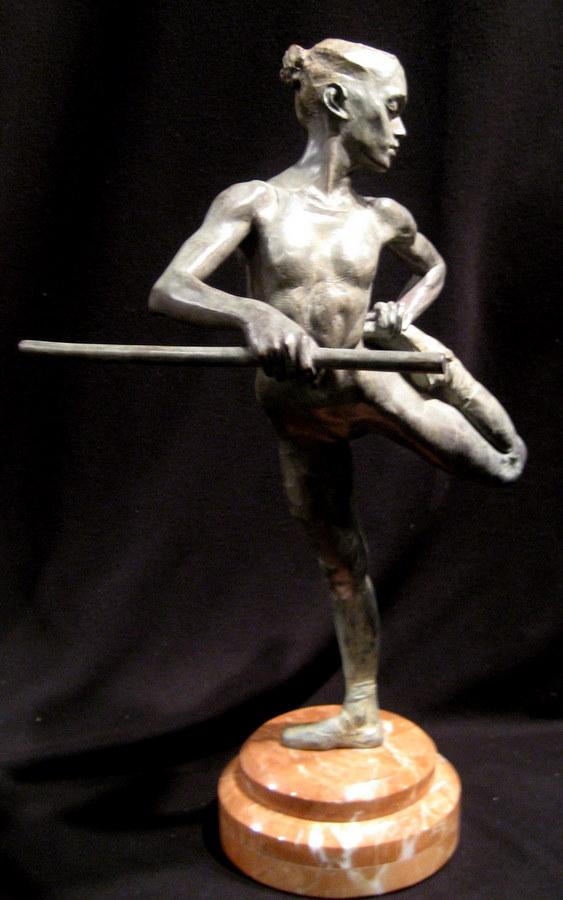 Original Richard MacDonald Ballerina Bronze Sculpture: Richard MacDonald original bronze sculpture of ballerina entitled "Warming Up", signed R. MacDonald #19/68. The piece rests upon a two tier brown marble base. 19" high overall.