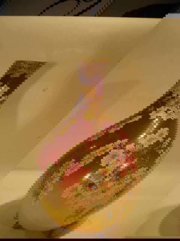 Large Antique Japanese Satsuma earthenware vase: Large antique Japanese Satsuma earthenware vase decorated with flowers and branches, 15" high, 9" wide - two feet repaired.