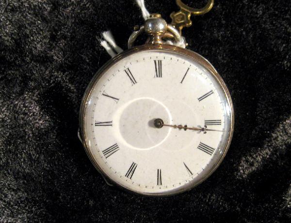 1880's 8 Jewel Cylinder French Keywind Pocket Watch: 1880's 8 Jewel cylinder French keywind silver colored pocket watch, engraved shield and cross hatching on back of case, marked inside case: "Echuppement Cylindre 8 Rubis", T.C. Dremes 1876", "9 EV", 2
