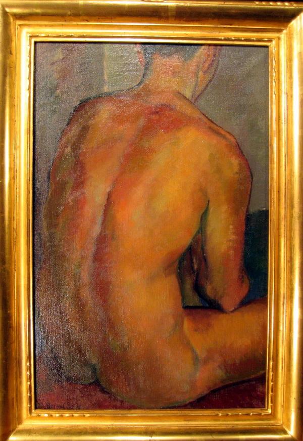 Arthur Durston original oil on canvas "Male Odalisque": Framed Arthur Durston original oil on canvas, back of nude man entitled "Male Odalisque" signed lower left A. Durston, with similar painting on verso of canvas, in gilded frame. Image size: 25.5" x 15